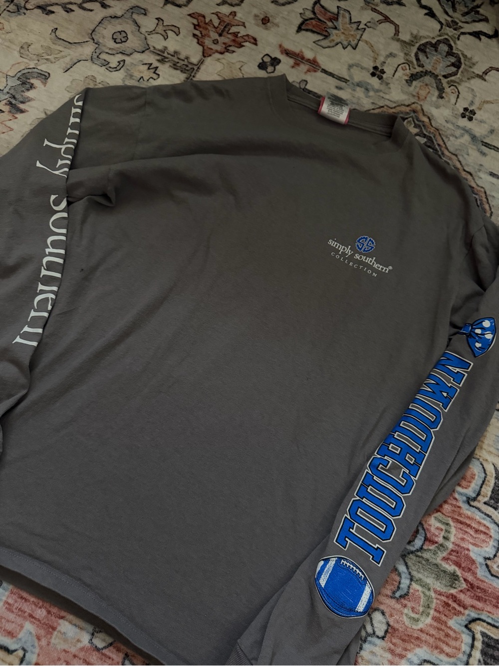 Simply Southern Gray Long Sleeve Tee with Blue Sleeve Graphics